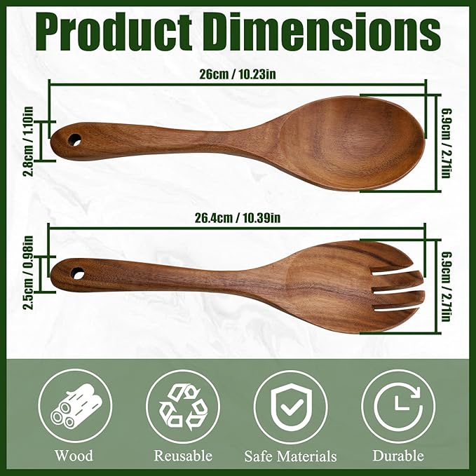 2 Pieces Long Handle Wooden Salad Servers Utensils, Acacia Wooden Serving Spoons & Fork, 10.2''/26 CM Salad Servers Set Tongs for Mixing Tossing Fruit Cooking Kitchen