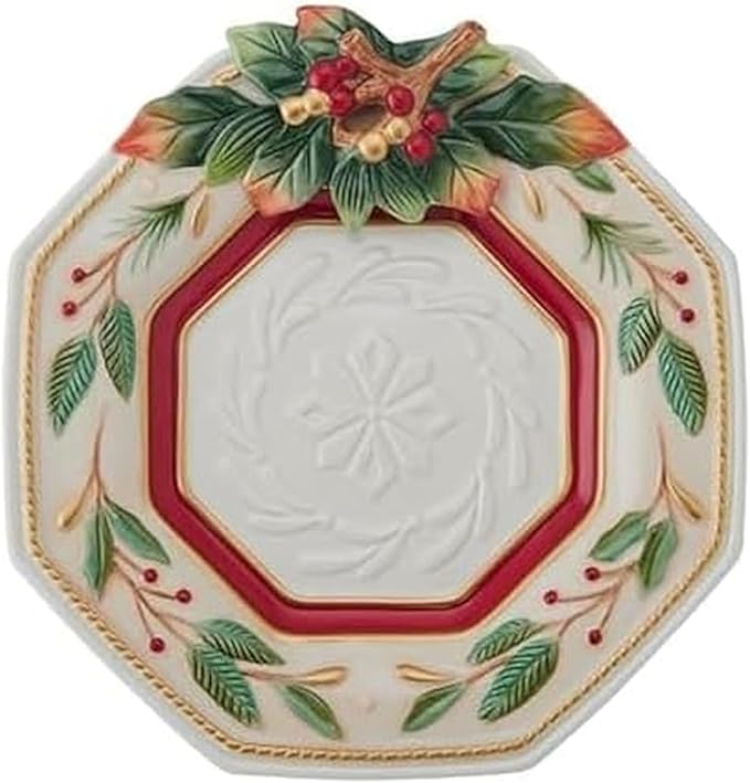 Fitz and Floyd Woodland Holiday Appetizer Plate, Festive Christmas Serveware with Holly and Berry Accents for Seasonal Table Décor and Entertaining, 10.25 Inch