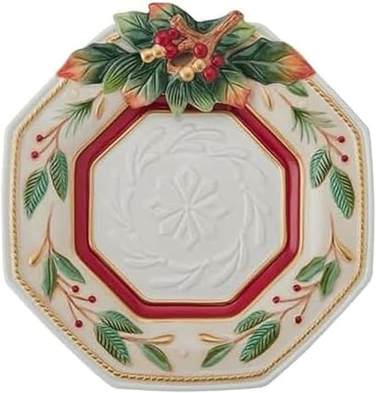 Fitz and Floyd Woodland Holiday Appetizer Plate, Festive Christmas Serveware with Holly and Berry Accents for Seasonal Table Décor and Entertaining, 10.25 Inch