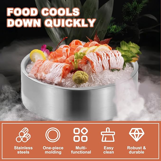 8.4" 304 Stainless Steel Cold Chilled Serving Tray with Ice Chamber, Silver Shrimp Cocktail Serving Dish, Appetizer Cooling Chilled Party Platter with Ice Underneath for Party Buffets (22cm)