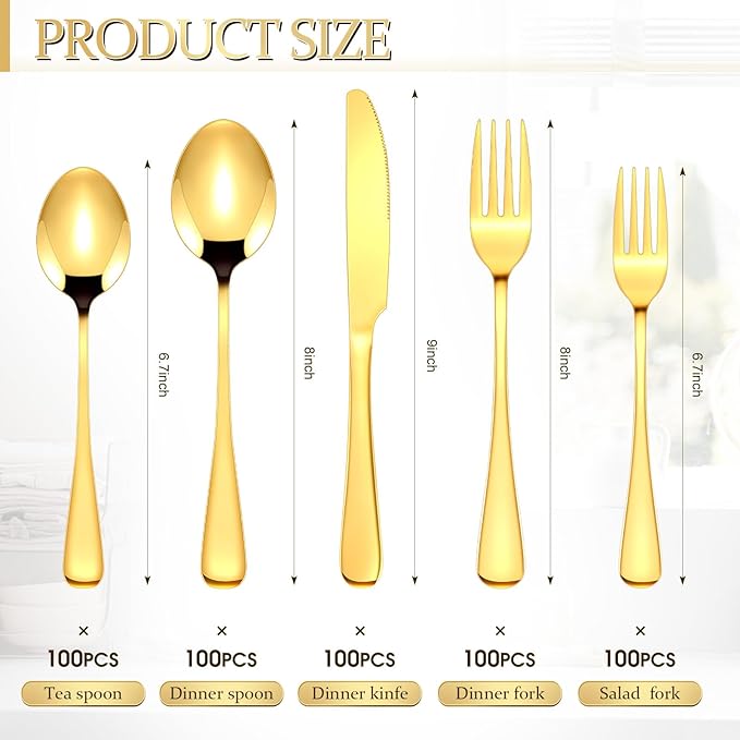 Dandat 500 Pcs Gold Silverware Set Stainless Steel Set with Dinner Forks Knife Spoon Dessert Forks Steak Knives Cutlery Flatware for 100 Guest Wedding Dinner Party Restaurant Home Holiday Party