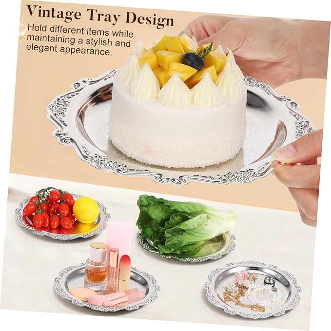 Decorative Iron Serving Tray Silver Round Platter for Food Snacks Jewelry Storage Plate for Home Parties