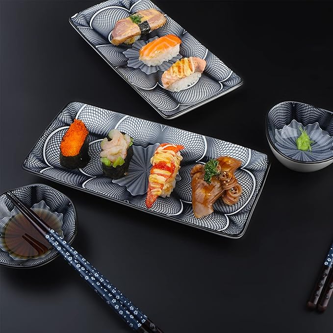 Artcome 10 Pcs Japanese Style Ceramic Sushi Plate Dinnerware Set for Wedding Housewarming - 2 Sushi Plates, 2 Sauce Dishes, 2 Snack Bowl, 2 Pairs of Chopsticks, 2 Chopsticks Holders, Dark Blue
