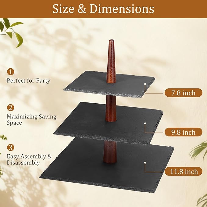 3 Tier Serving Tray Stand, Square Slate & Acacia Wood Tiered Display for Desserts, Appetizers, Cupcakes - Rustic Modern for Weddings, Parties, Christmas