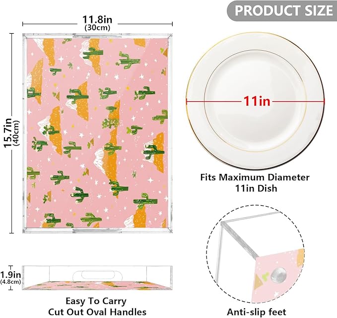 Serving Tray with Handles Clear Acrylic Tray 12x16 Inch Decorative Rectangular Tray Organizer for Ottoman Coffee Table Bathroom Pink Cacti Mountains and Stars