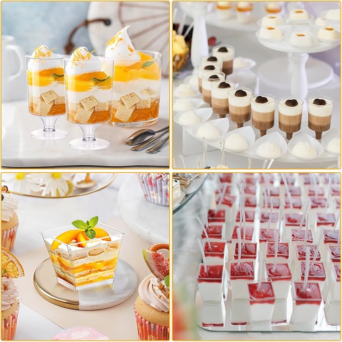 tchrules 300 Packs 5oz Dessert Cups with Spoons, 3 Styles Mini Plastic Appetizer Cups, Clear Parfait Cup for Party, Cake Cups for Tiramisu, Pudding, Snacks, Yogurt, Fruits, Mousse