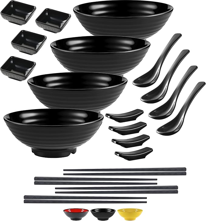 4 Noodle Bowls Set - large 32oz Ramen Bowl Set for authentic Asian Cuisine - with Dipping Bowls, Spoons, Chopsticks & Chopstick Stands. Enjoy Thai Miso Udon Wonton (4 Bowl Set, Black)