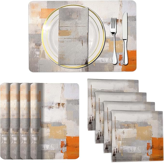 Mcalk 4 Each Orange Placemats and Cloth Napkins Set of 8, Modern Art Placemat, Abstract Grey Cloth Napkin for Home Kitchen Decor (Placemats 18 "x12 Napkins 18 "x18)