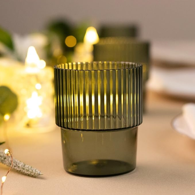 TCF Linen 12 Pack Hunter Green Plastic Tumblers, 7oz Stackable Ribbed Reusable Shatterproof Short Drinking Glasses, Elegant Origami Design for Weddings Parties Catering Cocktails