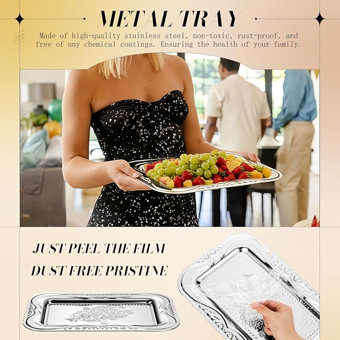 LemonRoad 6 Pack Silver Serving Trays 13.8 x 8.7 Inch Stainless Steel Dinner Trays Engraved Mirror Decorative Tray Silver Platters for Whiskey Charcuterie Snacks Desserts Fruits