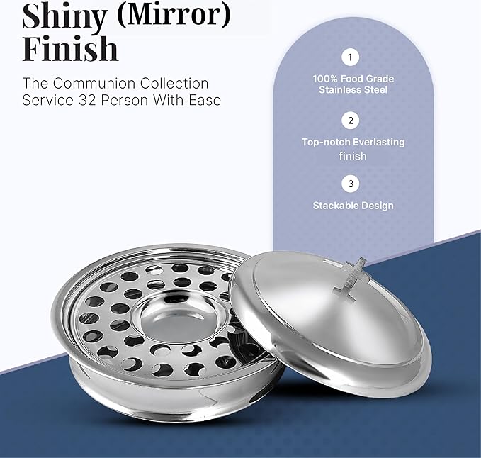 Communion Ware Church Set | 1 Communion Wine Tray with Center Bread Plate and Cover | 32 Cups Capacity Tray | Ideal for Churches | Stainless Steel - Shiny (Silver) Finish