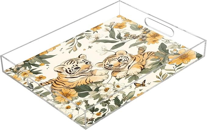Serving Tray with Handles Clear Acrylic Tray 12x16 Inch Decorative Rectangular Tray Organizer for Ottoman Coffee Table Bathroom Cute Tigers Flowers Beige