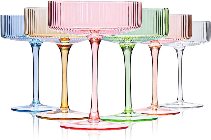 Cyrelwing Colored Coupe Glasses Set of 6 Vintage Art Deco Colorful Champagne Coupe glasses 9 oz,Ribbed Martini Cocktail Glasses|Colored Cocktail Glasses Set for Espresso,Martini,Champagne