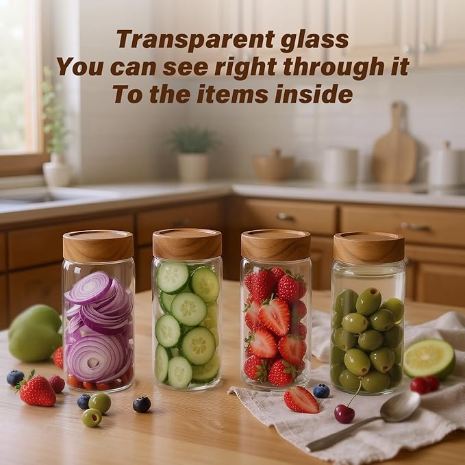 6 -Piece 13 fl oz Food-Grade Glass Mason Jars with Acacia Wood Lids, Sealable Waterproof, Transparent Easily Stackable for Overnight Oats, Spice Storage & Snack Organizing