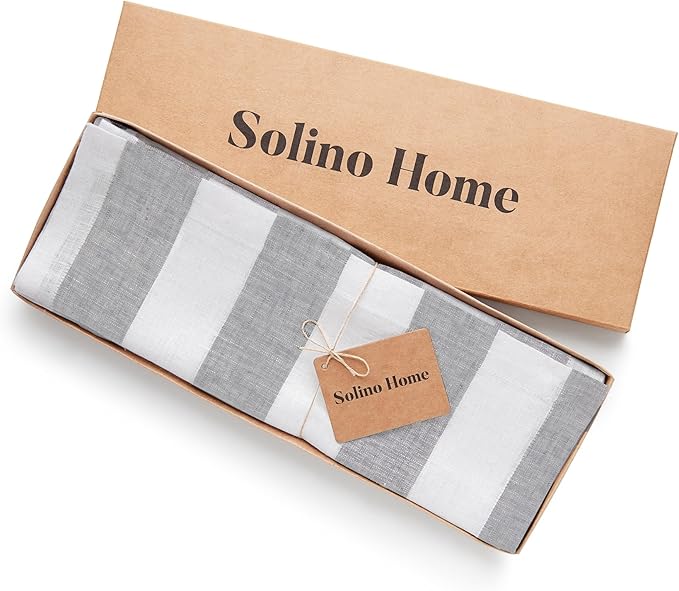Solino Home Linen Placemats Set of 4 - Cabana Stripe Grey and White Placemats 14 x 19 Inch - 100% Pure Linen Place Mats for Christmas, Winter, New Year