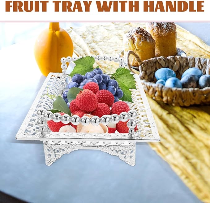 Metal Iron Fruit Serving Tray with Glass Stand, Rectangle Glitter Party Tray Dry Nut Dish with 2 Handle Veggie Candy Bowl for Table Dessert Snack Silver, 10.6X7X2.4in