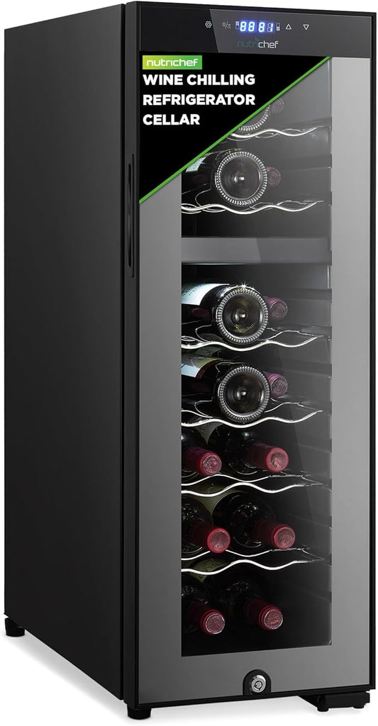 Nutrichef 18 Bottle Wine Fridge - Dual Zone Wine Chiller, Adjustable Temperature 41°F to 64°F, Ultra Quiet Operation, Free Standing Wine Cooler For Home, & Office, 32 x 11 x 26 IN (Black)