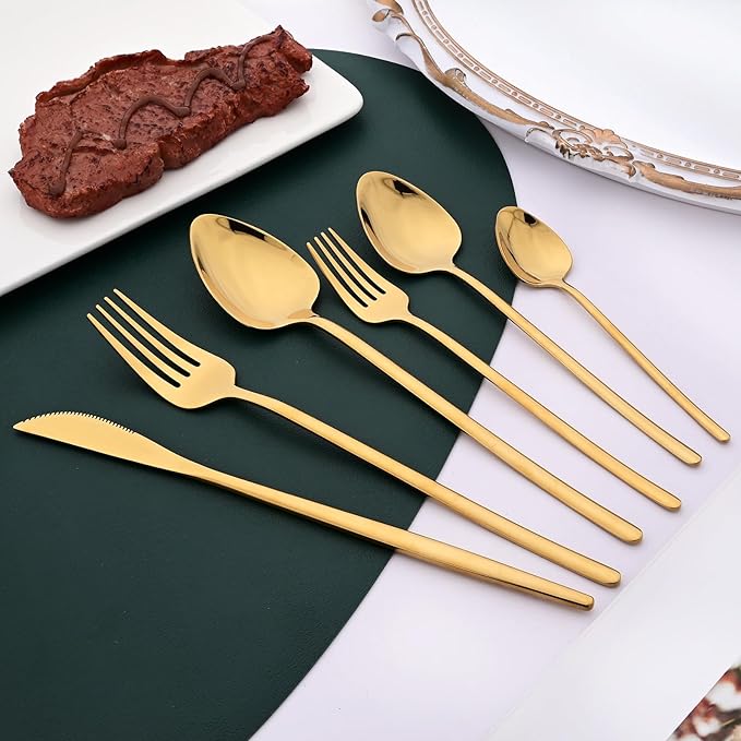 36-piece Gold 18/10 Stainless Steel Flatware Set, Resuable Cutlery Set For 6, Complete Tableware Set For Home Restaurant Wedding Party Daily Meal, Mirror Polish