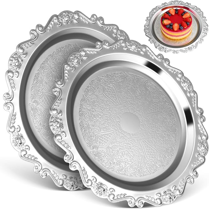 Garneck 2Pcs Silver Serving Tray Set Vintage Iron Platter: 9.83'' Retro Metal Dish for Desserts Snacks Decorative Vanity Jewelry Holder for Bathroom Dresser Party Home Decor