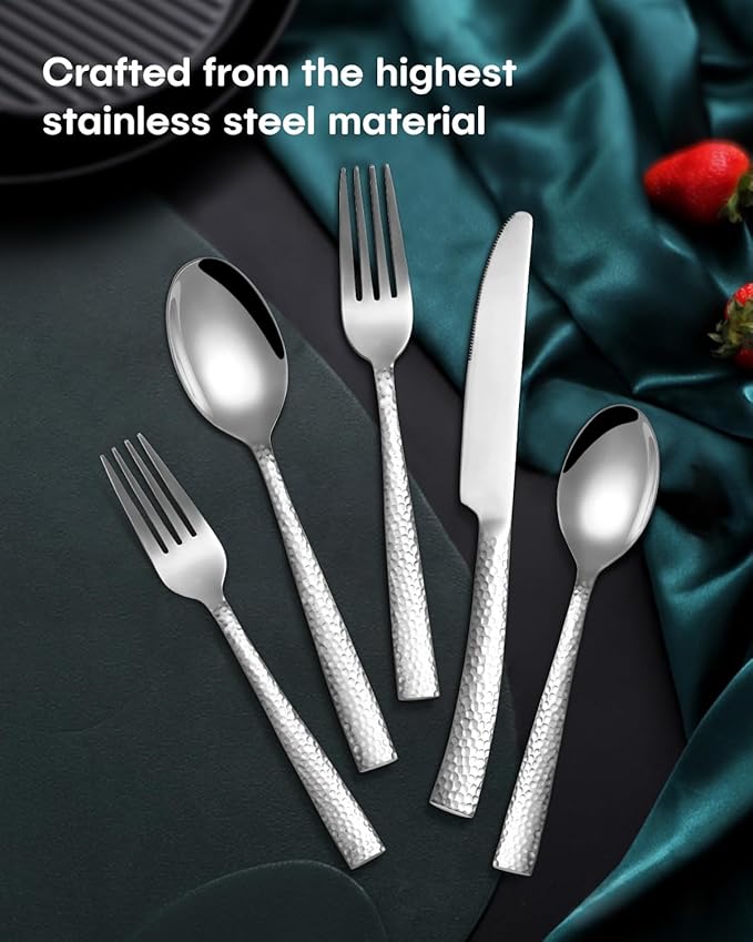 EUIRIO 40-Piece Hammered Silverware Set, Stainless Steel Flatware Set for 8, Mirror Finish Cutlery Utensils Set for Home Hotel, Include Forks Spoons and Knives Set, Dishwasher Safe