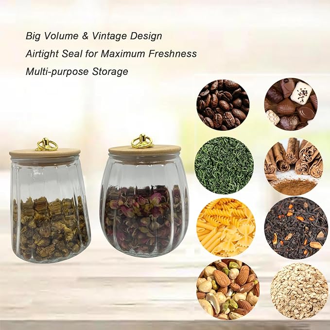 Glass Airtight Storage Jars with Spoons,Bamboo Lid Canister for Foods,Decorative Container with Metal Handle Easy to Grasp 2Pack Oval