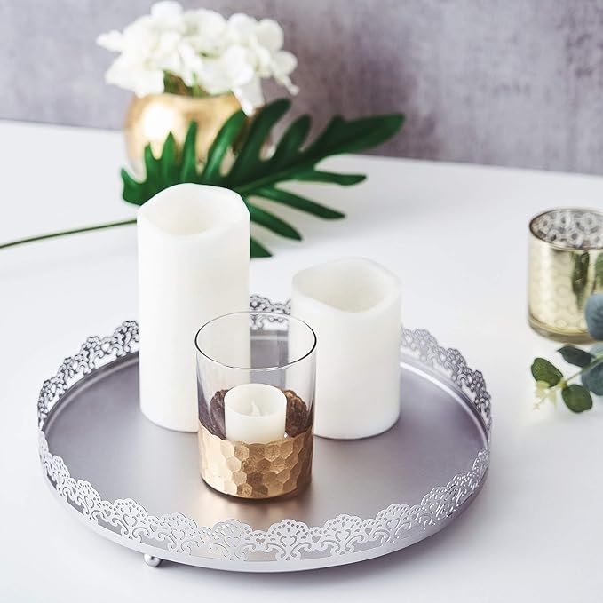 Plastic Round Premium Decorative Serving Tray with Embellished Rims - Silver