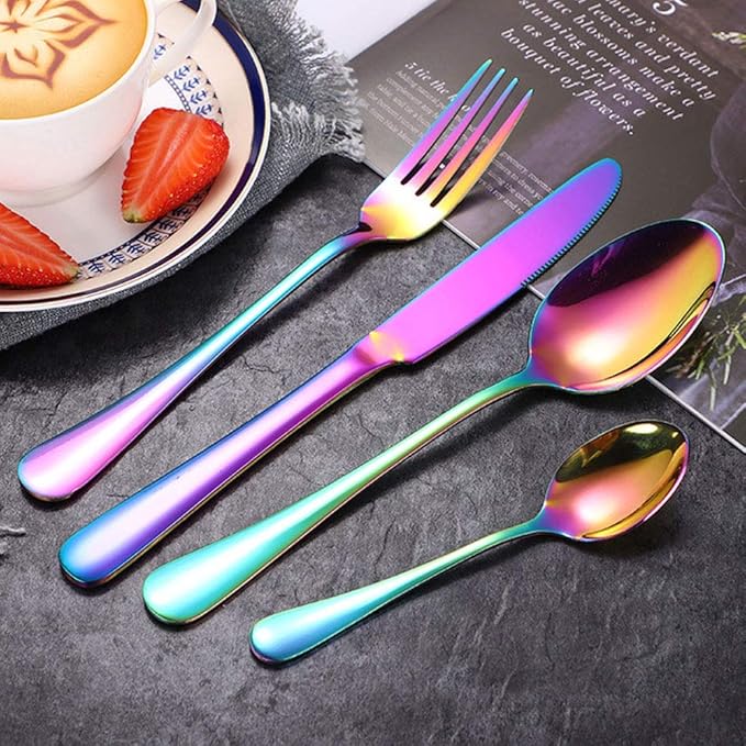 4pcs Set Cutlery Dinnerware 304 Stainless Steel Flatware Set Tableware Dinner Spoon Fork Knife Flatware Serving Sets (Purple)