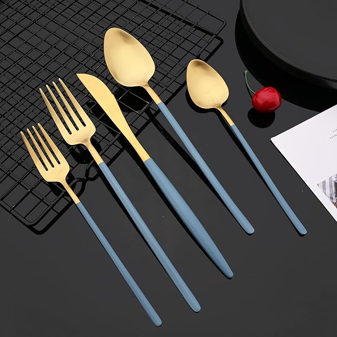 JASHII Matte Blue and Gold Silverware Set, 304 Stainless Steel Flatware Set Service for 4, Tableware Cutlery Set for Home Restaurant Party, Dinner Forks/Spoons/Knives, Slim Handle, Dishwasher Safe
