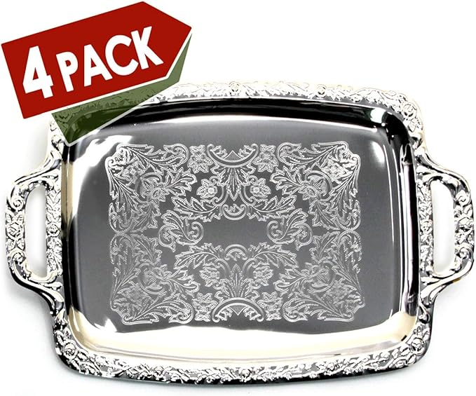 (Pack of 4) 17.7" x 10.6" Unique Rectangular Vintage Chrome Plated Serving Tray with Handle Floral Engraved Wedding Birthday Buffet Party Dessert Food Snack Wine Platter T140-4PK