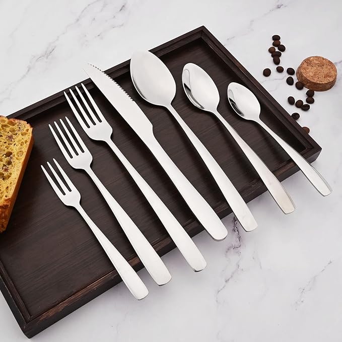 28pcs 304 Stainless Steel Silverware Set with Cake Forks Teaspoons, Elegant Utensils Cutlery Set, Mirror Serving Flatware Set, Service for 4, Dishwasher Safe