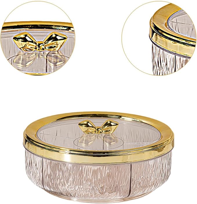 Serving Tray Container Rotating Snack Plate Dried Nuts Platter for Kitchen Entertaining, golden Bow