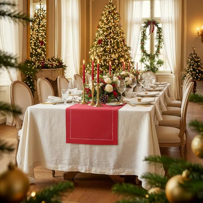 D'Moksha Homes Linen Bright Red Table Runner 108 Inches Long - 100% Pure Linen 14 x 108 Inch Table Runner for Winter, Christmas, Holiday, New Year - Classic Hemstitch
