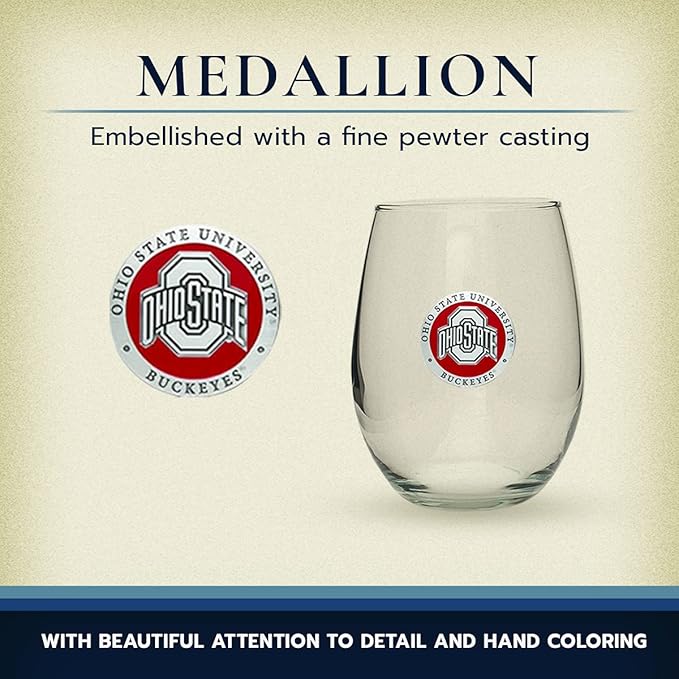 Heritage Pewter Ohio State Buckeyes Stemless Glass Goblets – Set of 2 | 15 OZ Goblet Wine Glasses | Expertly Crafted Pewter Glass