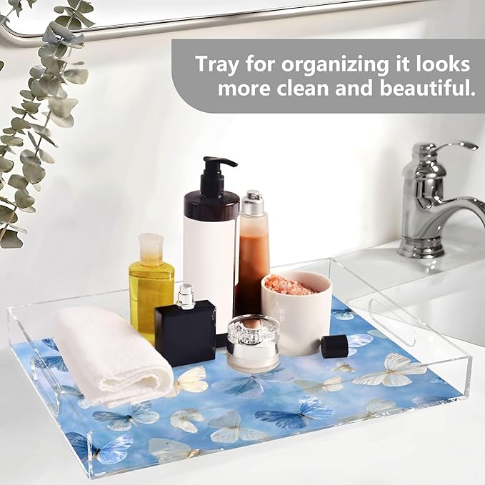 Serving Tray with Handles Clear Acrylic Tray 12x16 Inch Decorative Rectangular Tray Organizer for Ottoman Coffee Table Bathroom Sky Blue and White Butterflies