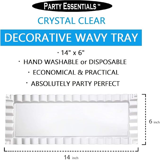 Party Essentials Disposable Hard Plastic Decorative Wavy Trays, 14" X 6", Clear