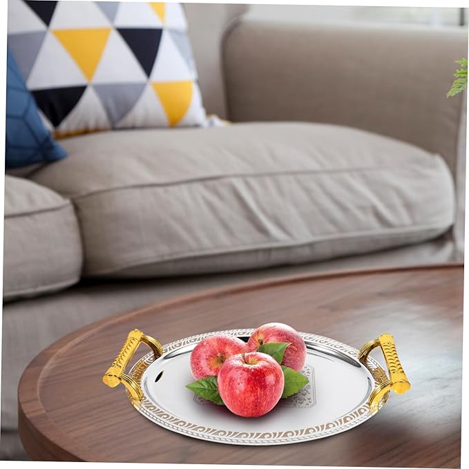 European Style Oval Stainless Steel Serving Tray for Fruit Snacks Desserts Vintage Design for Home Restaurant Use Silver with Gold Rim