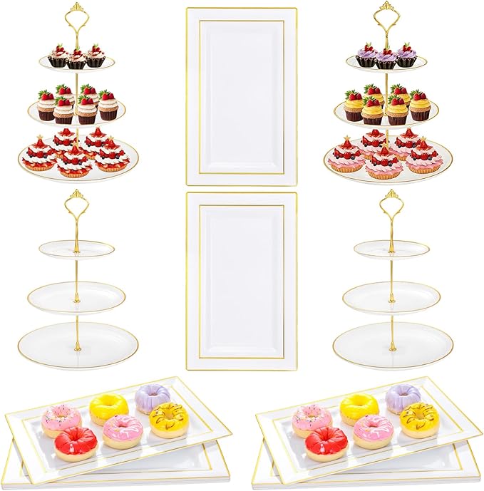 Supernal 3 Tier Cupcake Stands, 6pcs Plastic Trays, 4Pack Cupcake Dessert Stand, Party Tray Set, Cake Platters Includes 6 pcs Pastry Tray,4 pcs Round Cake Trays