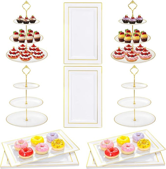 Supernal 3 Tier Cupcake Stands, 6pcs Plastic Trays, 4Pack Cupcake Dessert Stand, Party Tray Set, Cake Platters Includes 6 pcs Pastry Tray,4 pcs Round Cake Trays