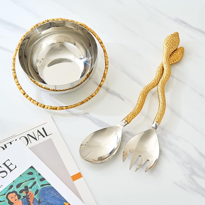 Gold Serpent Snake Salad Servers Brass & Stainless Steel, CNY Year of the Snake, Fork & Spoon Set, Two Tone Ideal for Weddings, Dinner, Elegant Flatware, Housewarming, Stainless Steel Mirror Polished