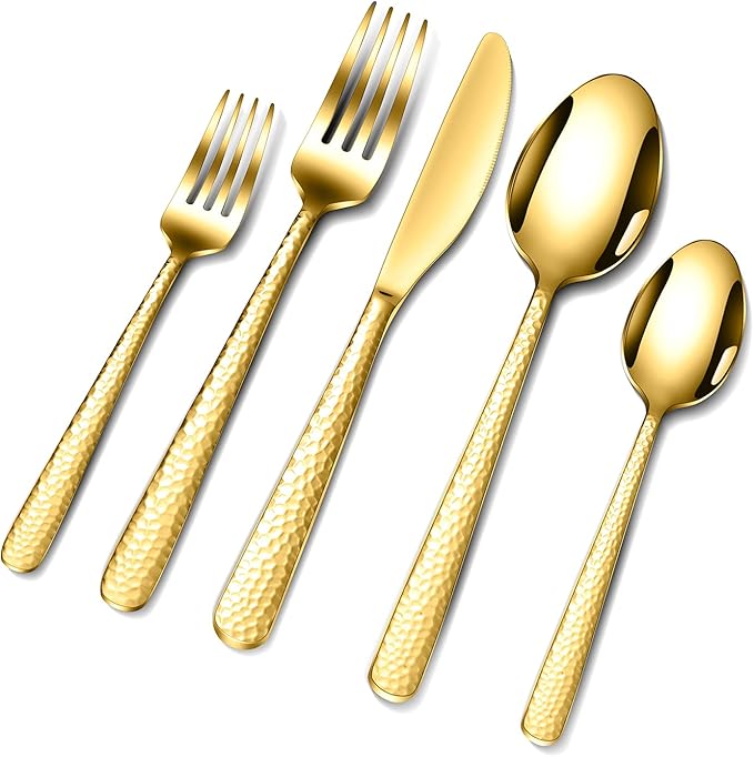 Hammered Silverware Set, 30 Pieces Flatware Set Service for 6, Mirror Polished Cutlery Utensil Set Include Fork Knife Spoon Set Dishwasher Safe, Premium Stainless Steel (Gold-30)