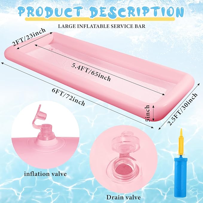 Large Inflatable Serving Bar 72 x 30 x 5'' Inflatable Ice Serving Buffet Bar Inflatable Cooler Ice Buffet Salad Serving Trays with Drain Plug for Pool Outdoor Party Picnic(Pink,1 Pack)