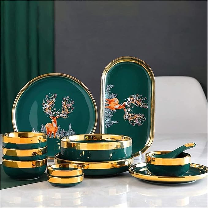 Dining Plate Set 33 Pcs Dinnerware Sets European Style Porcelain Tableware Set with Plates and Bowls Green Auspicious Deer Ceramic Dinner Set (Green 18pcs)
