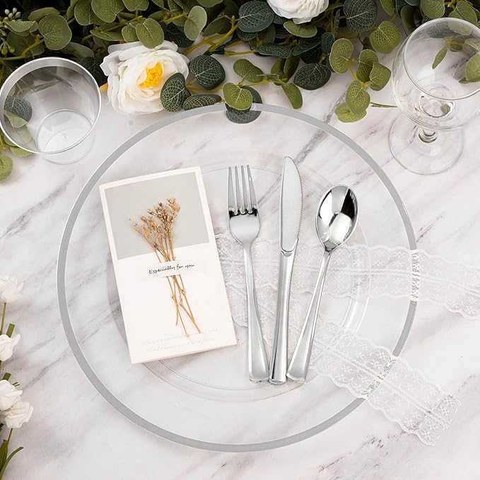 Goodluck 12 Inch Silver Charger Plates, 50 Pack Clear With Silver Trim, Disposable Plastic for Dinner, Wedding, Party