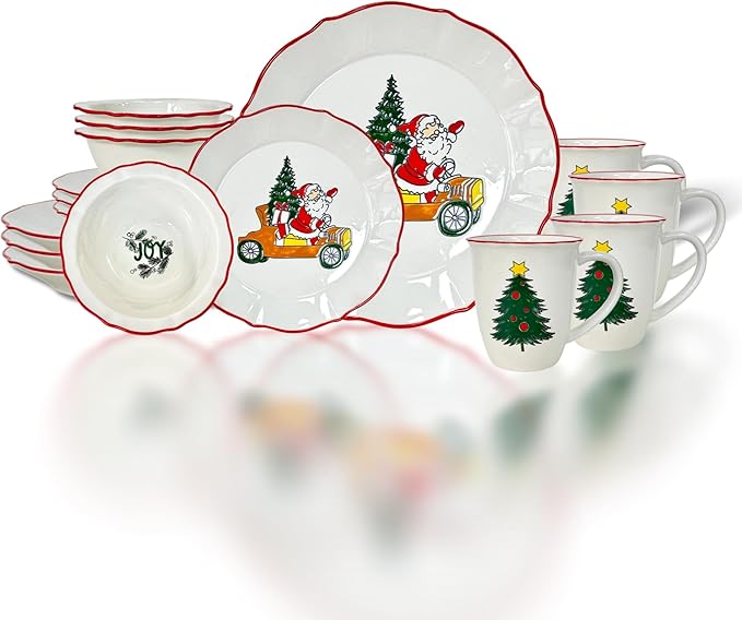 DOMINI 16-Piece Christmas Ceramic Kitchen Dinnerware Set, Service for 4, Porcelain Dishes Dinner Set with Dinner Plates, Dessert Plates,cups and Pasta Bowls,Round-White Christmas