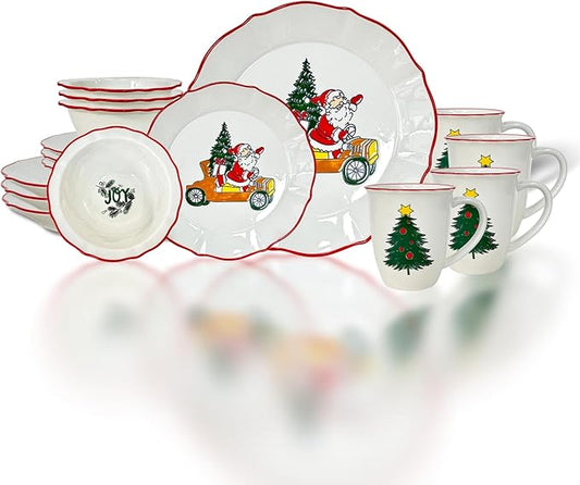DOMINI 16-Piece Christmas Ceramic Kitchen Dinnerware Set, Service for 4, Porcelain Dishes Dinner Set with Dinner Plates, Dessert Plates,cups and Pasta Bowls,Round-White Christmas