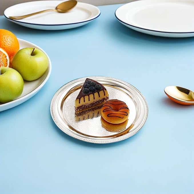 LUOZZY 2pcs Silver Metal Round Serving Tray for Dessert Cake Snacks Afternoon Tea Party