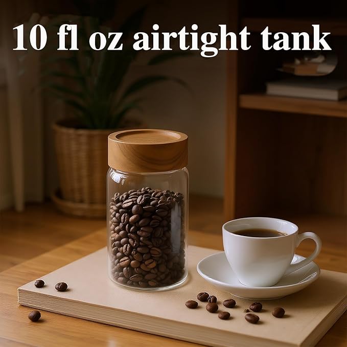 2-Piece 10 fl oz Food-Grade Glass Mason Jars with Sturdy Acacia Wood Lids, Sealable Waterproof, Transparent Easily Stackable for Spices, Seasonings & Snack Organizin
