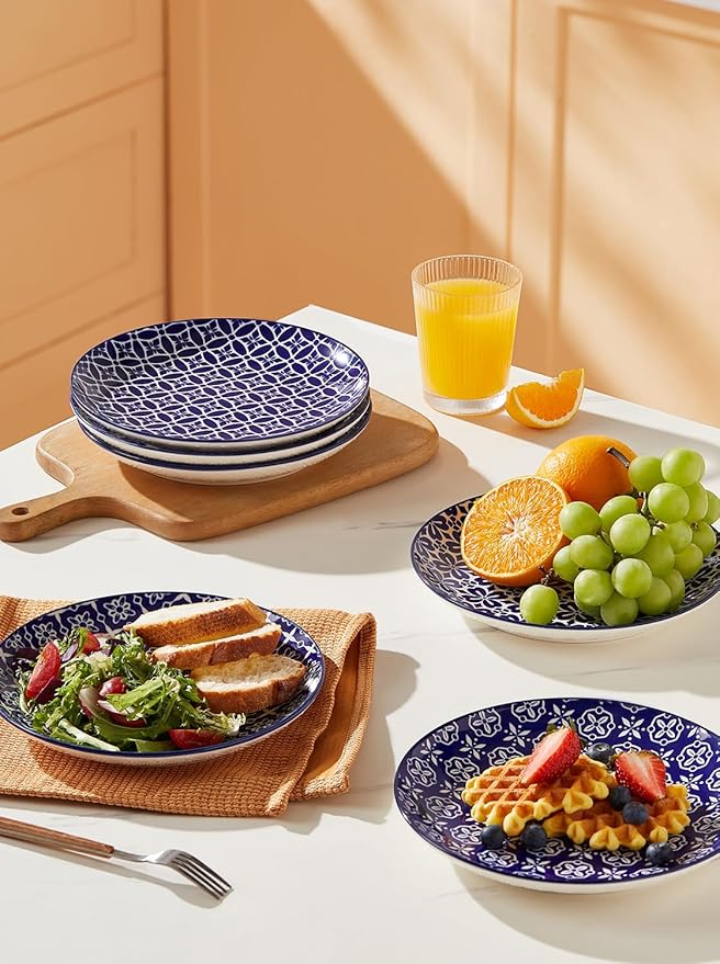 Salad Plates, Blue and White Dessert Plates, 8 Inch Colorful Ceramic Dish Set for Pasta, Set of 6, Dishwasher & Microwave Safe