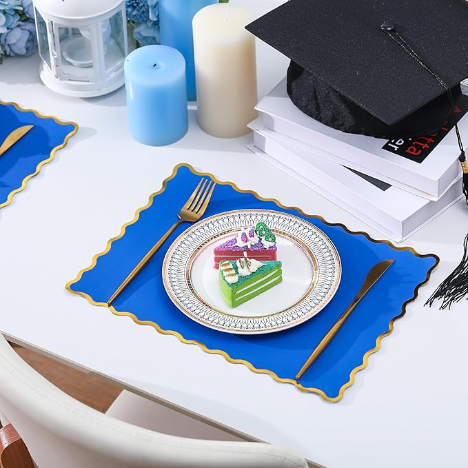 150 Pcs Disposable Paper Placemats Bulk 10"x14" Rectangle Place Mats with Scalloped Edges Dining Table Mat for Wedding Birthday Easter Party Table Decoration(Blue)