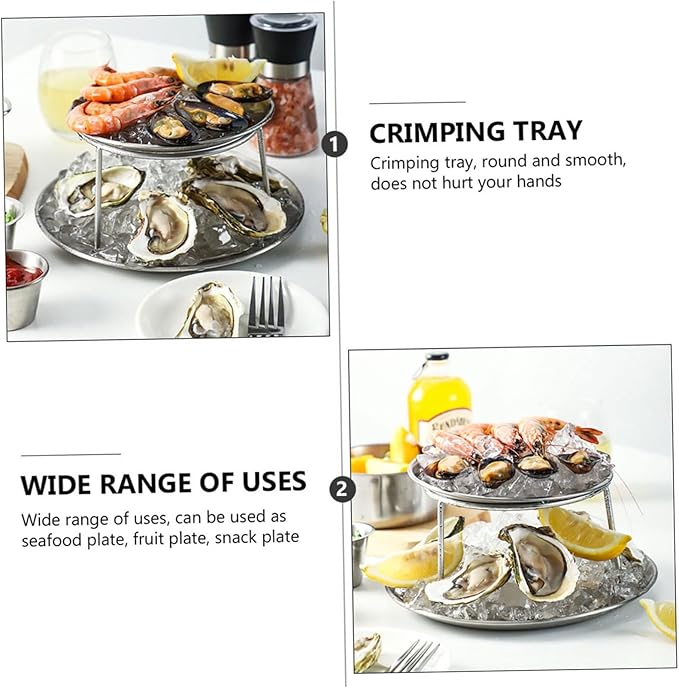 OUNONA Stainless Steel Seafood Snack Plate Double Serving Tray with Brackets Silver Texture for Home Kitchen Utensil Salad Fruit Cake Display